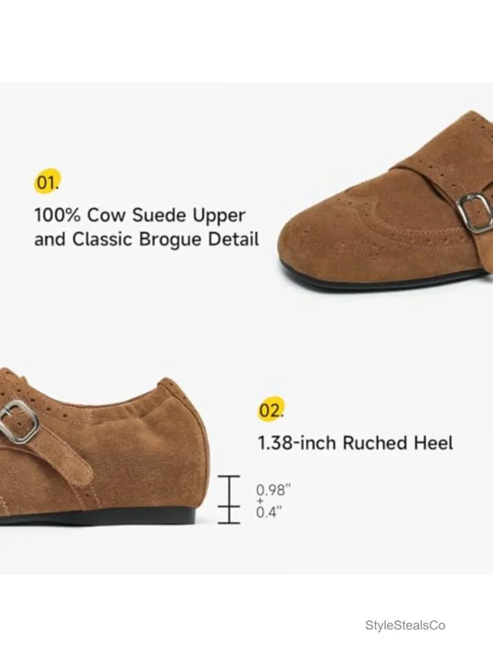 Women's Suede Double Monk Strap Loafers Square Toe Brogue Sheepskin Lining